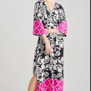 Natori Botanica Floral Caftan Fuchsia Black Luxury Pockets $195 Women's Sz S B17
